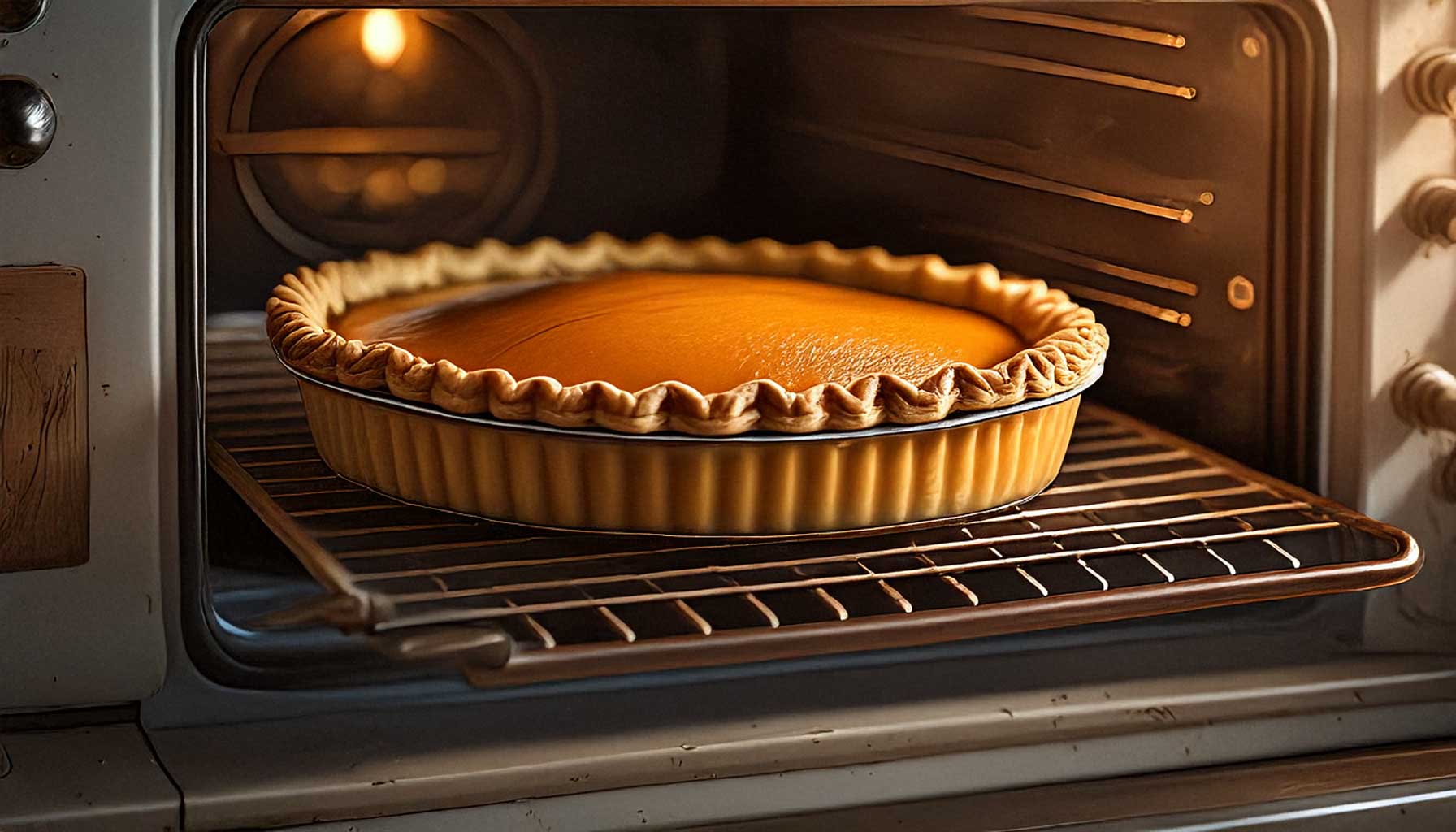 A pumpkin pie with a golden crust baking inside a clean oven, with the pie tray resting on a rustic white wooden surface.