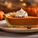 A slice of pumpkin spice pie topped with whipped cream and dusted with cinnamon on a shabby white wooden table, next to a steaming coffee mug and small pumpkin. Title Text: Served Pumpkin Spice Pie Slice