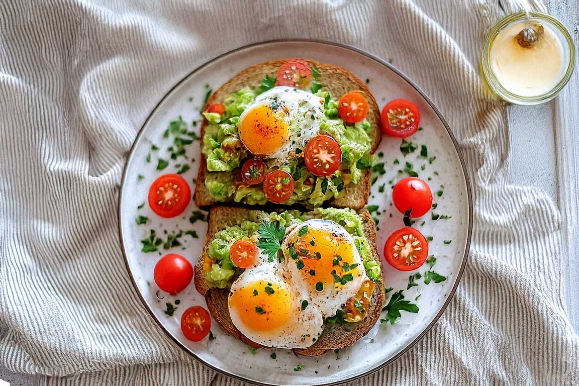 A slice of whole-grain toast spread with mashed avocado, topped with a perfectly poached egg and a sprinkle of red pepper flakes, styled on a white ceramic plate with fresh herbs scattered around.