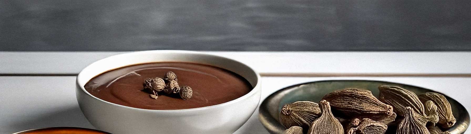 A selection of modern dishes featuring black cardamom, including smoky lentil soup and chocolate dessert.