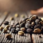 Black cardamom pods placed on a rustic wooden table, highlighting their rough texture.