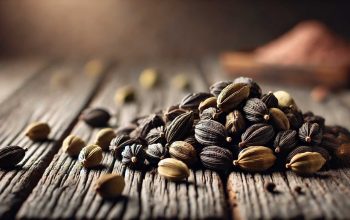 Black cardamom pods placed on a rustic wooden table, highlighting their rough texture.