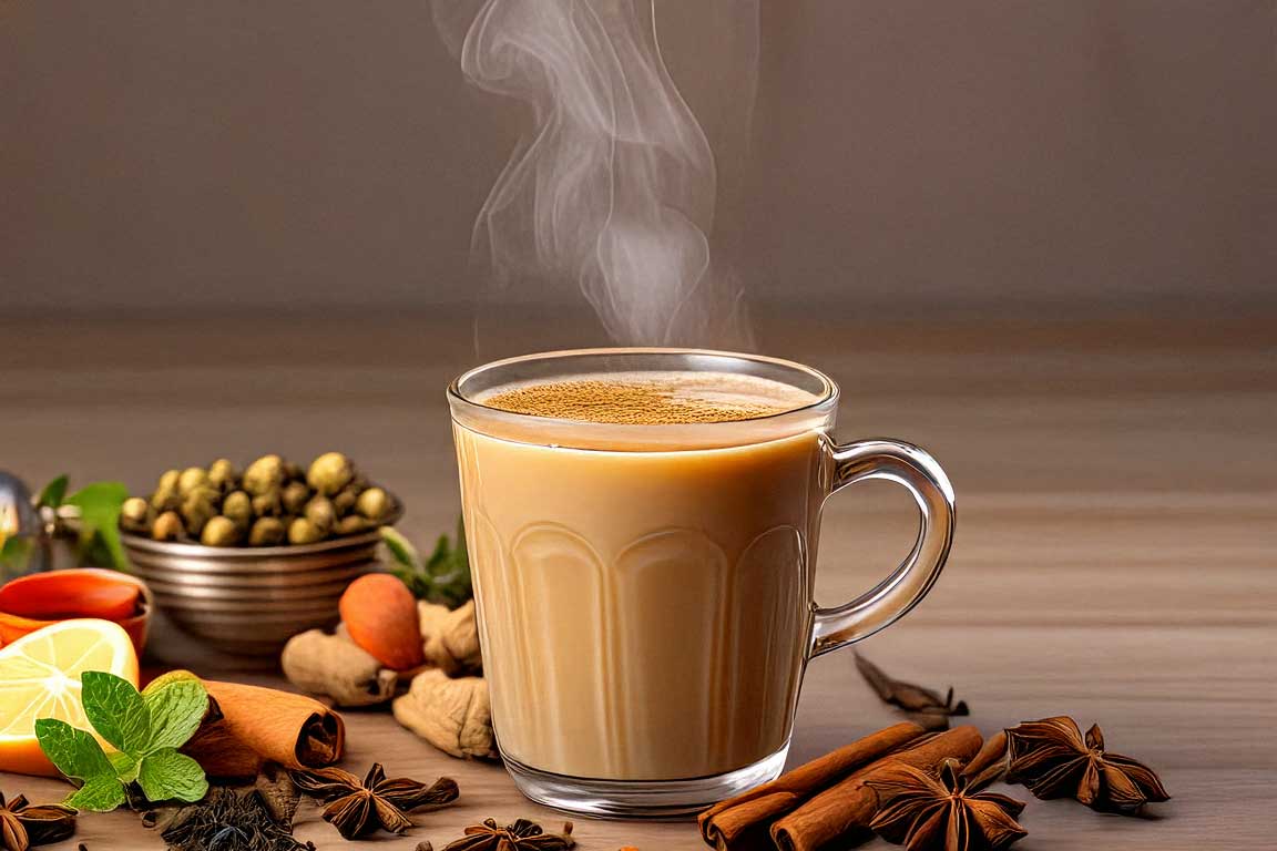 A steaming cup of chai masala served with biscuits on a traditional Indian tray. The tray is placed on a light wooden surface, with warm lighting creating a cozy atmosphere