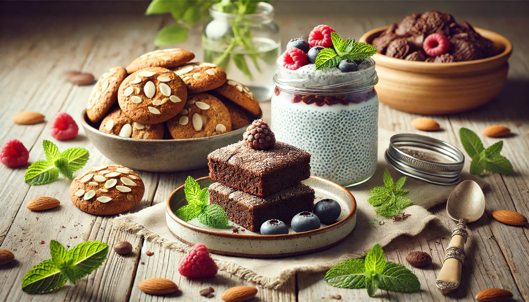 Assorted gluten-free desserts including cookies, chia pudding with berries, and a brownie on a ceramic plate.