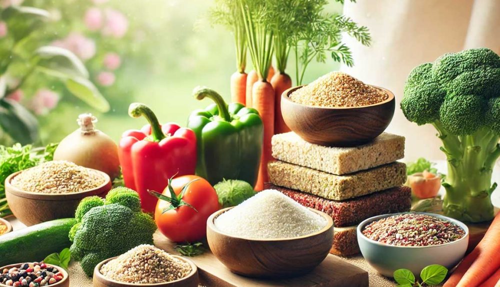 Assortment of gluten-free foods including vegetables, quinoa, and rice, displayed on a wooden table with natural lighting.