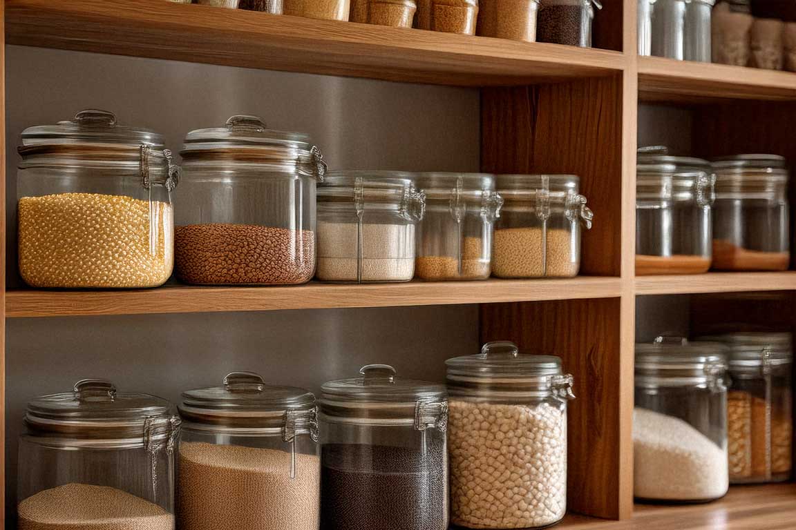 A well-organized pantry featuring jars of gluten-free grains and flours on wooden shelves.