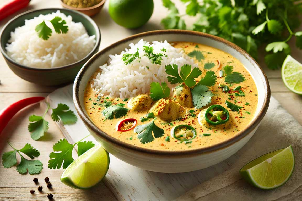  A bowl of creamy coconut curry infused with habanero chili, garnished with fresh cilantro and lime wedges, served with steamed jasmine rice on the side.