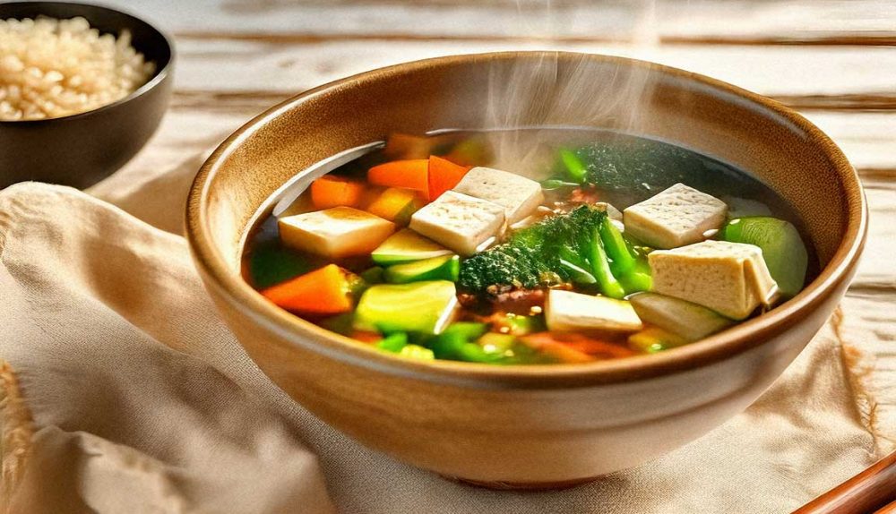 A vibrant macrobiotic meal with grains, vegetables, and a steaming bowl of miso soup on a rustic wooden table.