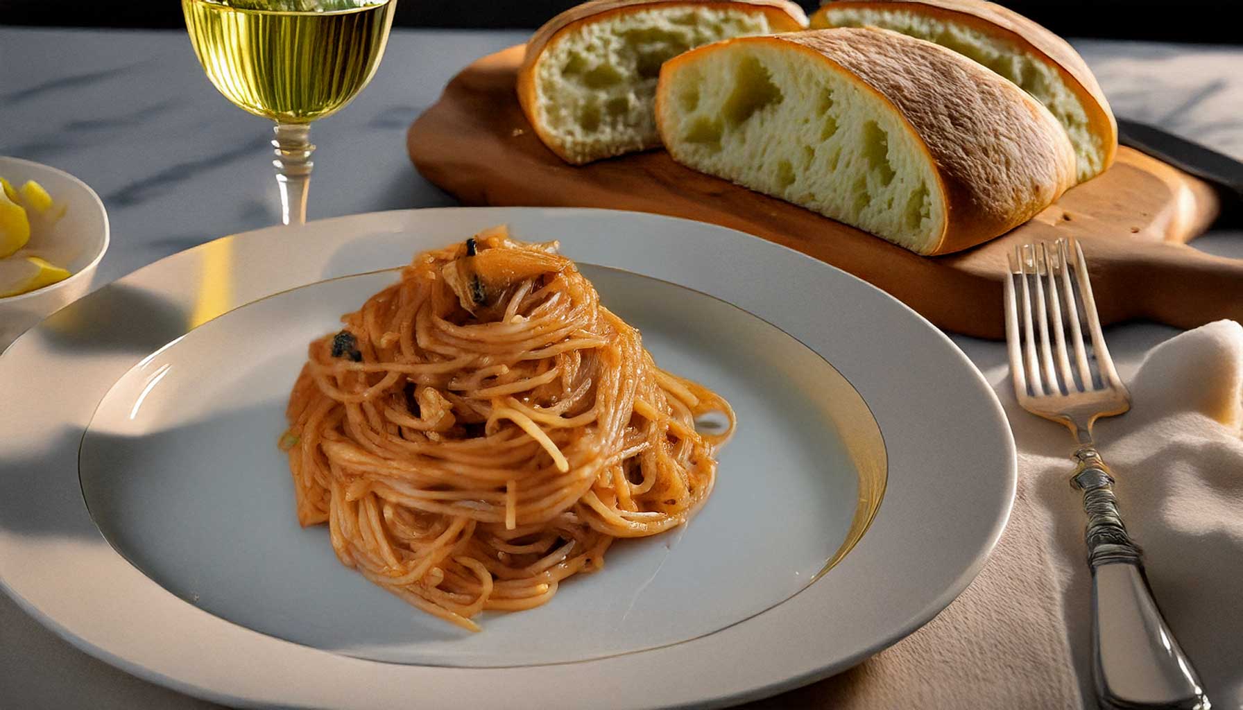 A plated dish of pasta with Pesto alla Trapanese, garnished with basil and served alongside white wine