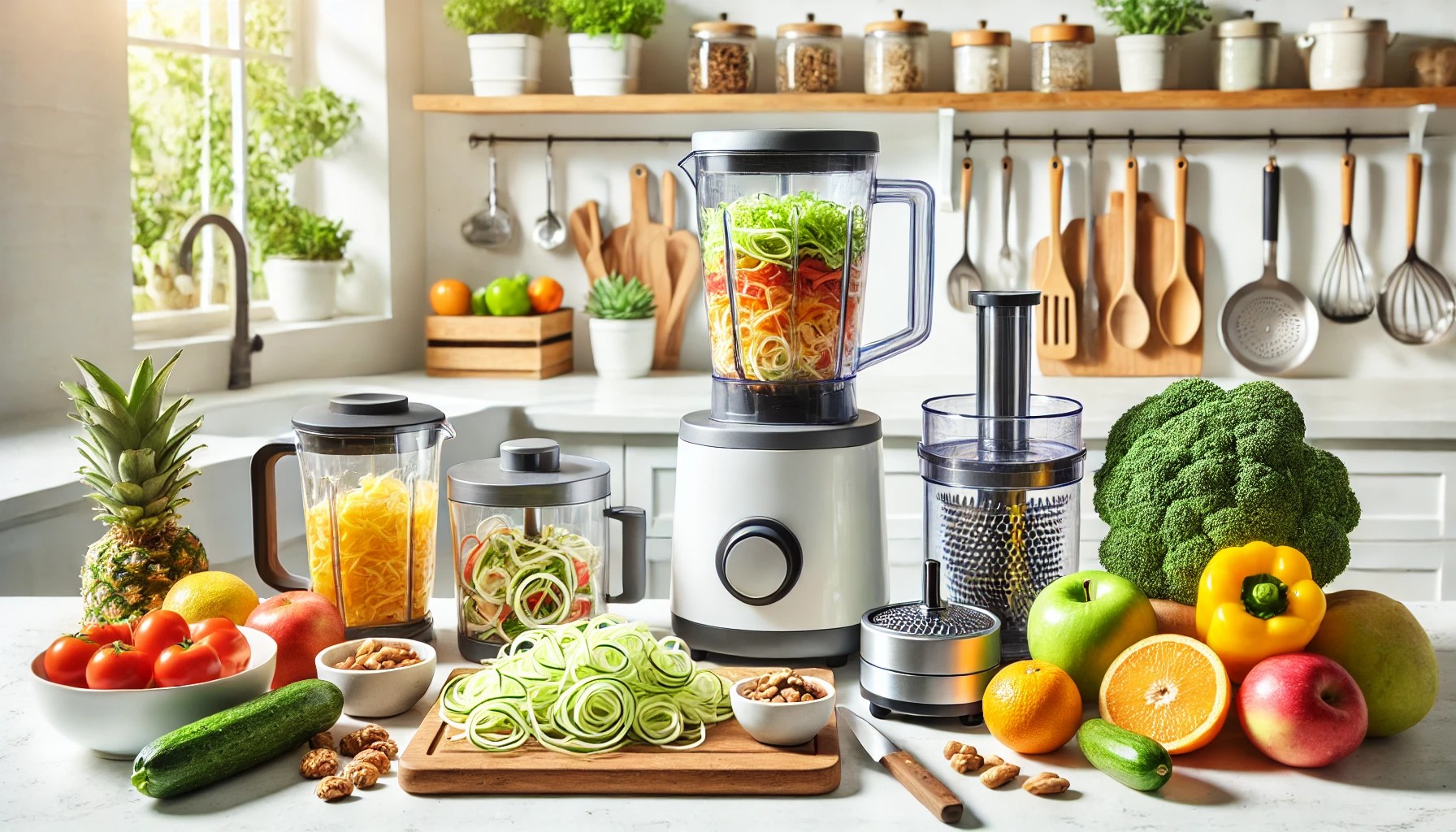 Raw food preparation tools on a clean countertop, including a blender, spiralizer, and fresh ingredients.