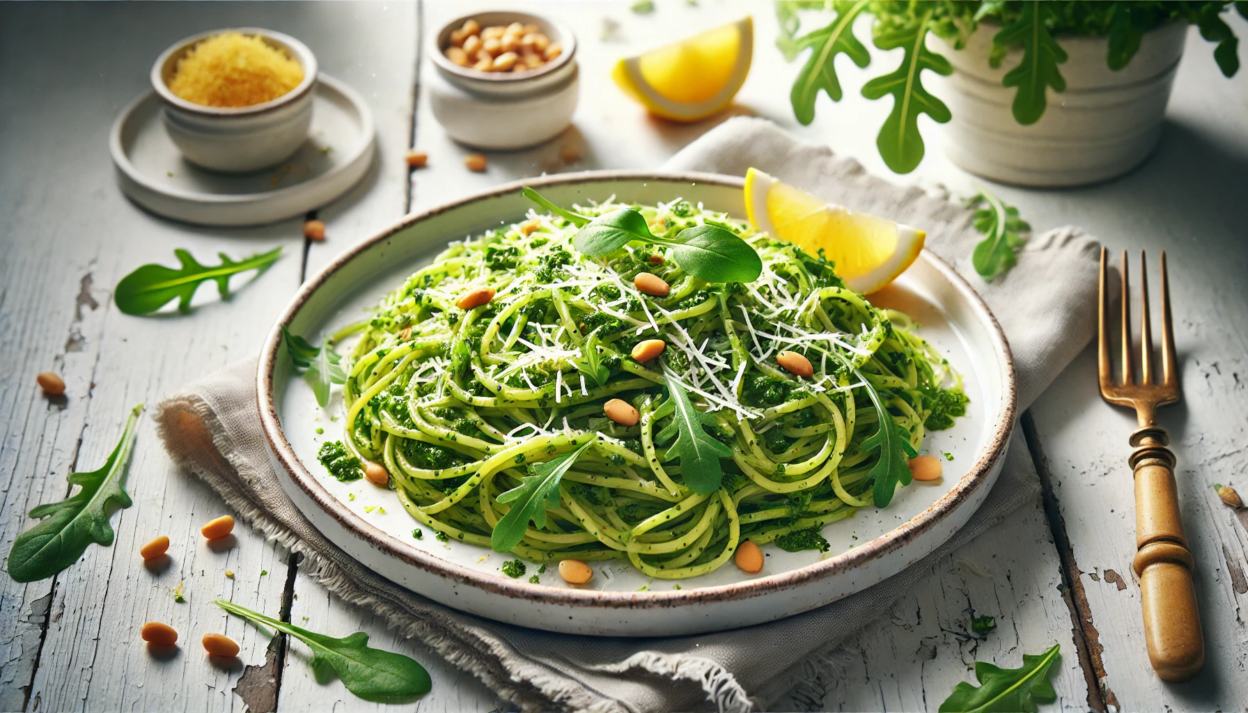 A plate of spaghetti tossed in vibrant green arugula pesto, garnished with parmesan, toasted pine nuts, and lemon zest on a shabby white wooden background.