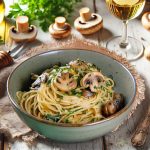 A serving of spaghetti with sautéed mushrooms on a rustic wooden plate, garnished with parsley and parmesan, placed on a white shabby wooden table with a fork and glass of white wine.