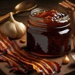 A jar of smoky, sweet bacon jam surrounded by crispy bacon, onions, garlic, and a drizzle of maple syrup on a rustic white wooden table.