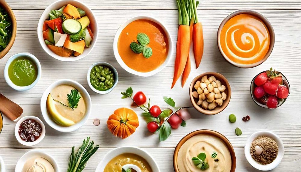 A colorful spread of vegan dishes on a wooden table, featuring salads, soups, and desserts with fresh herbs in a bright kitchen.