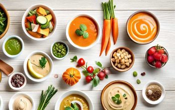 A colorful spread of vegan dishes on a wooden table, featuring salads, soups, and desserts with fresh herbs in a bright kitchen.