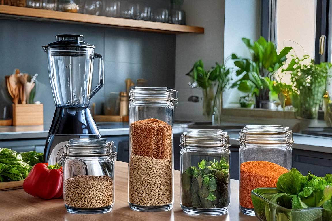 A bright kitchen countertop with vegan cooking tools, including a blender, fresh vegetables, grains in jars, and spice containers.