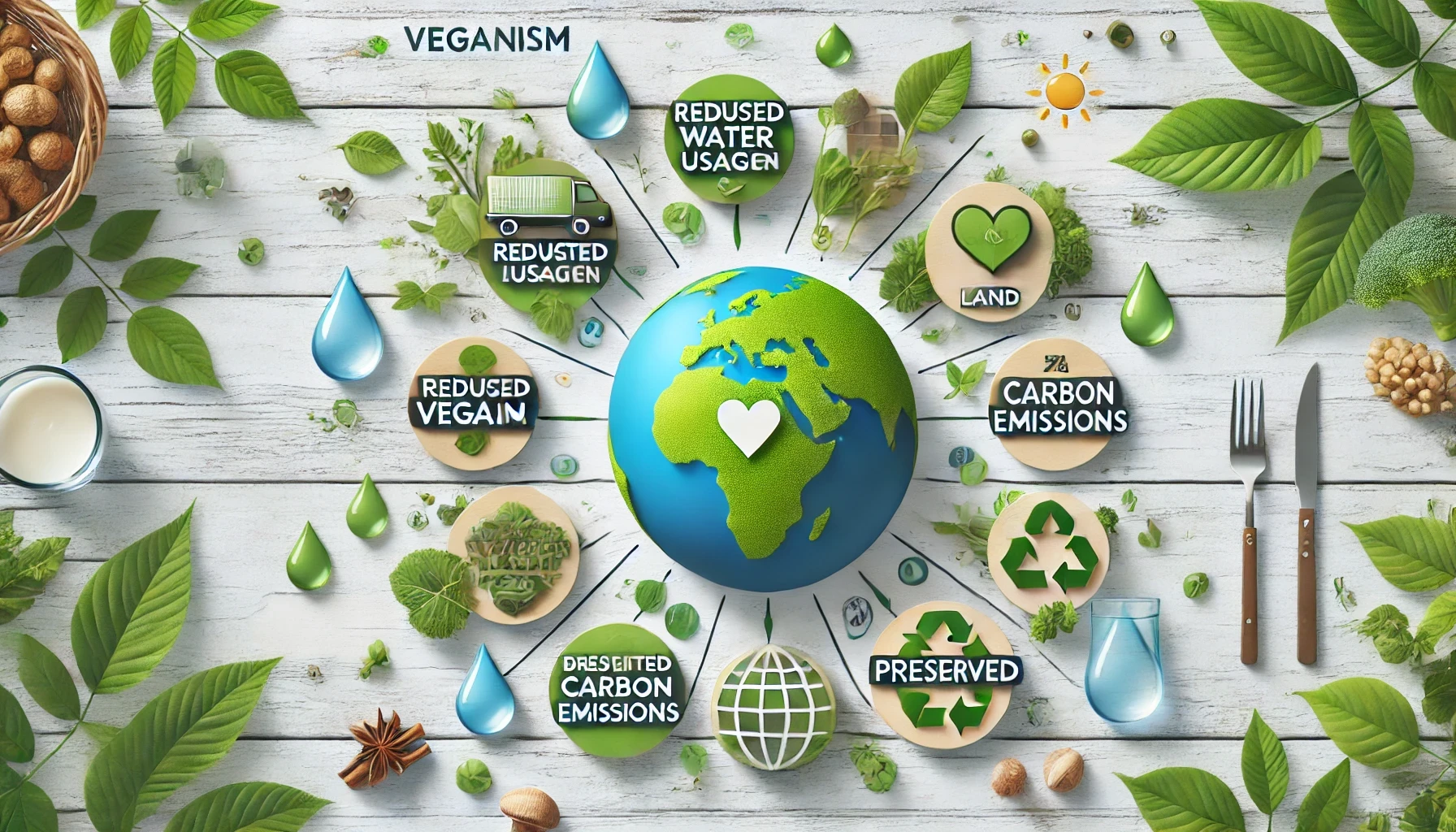 An infographic-style image illustrating the environmental benefits of veganism, including water conservation and reduced carbon footprint.