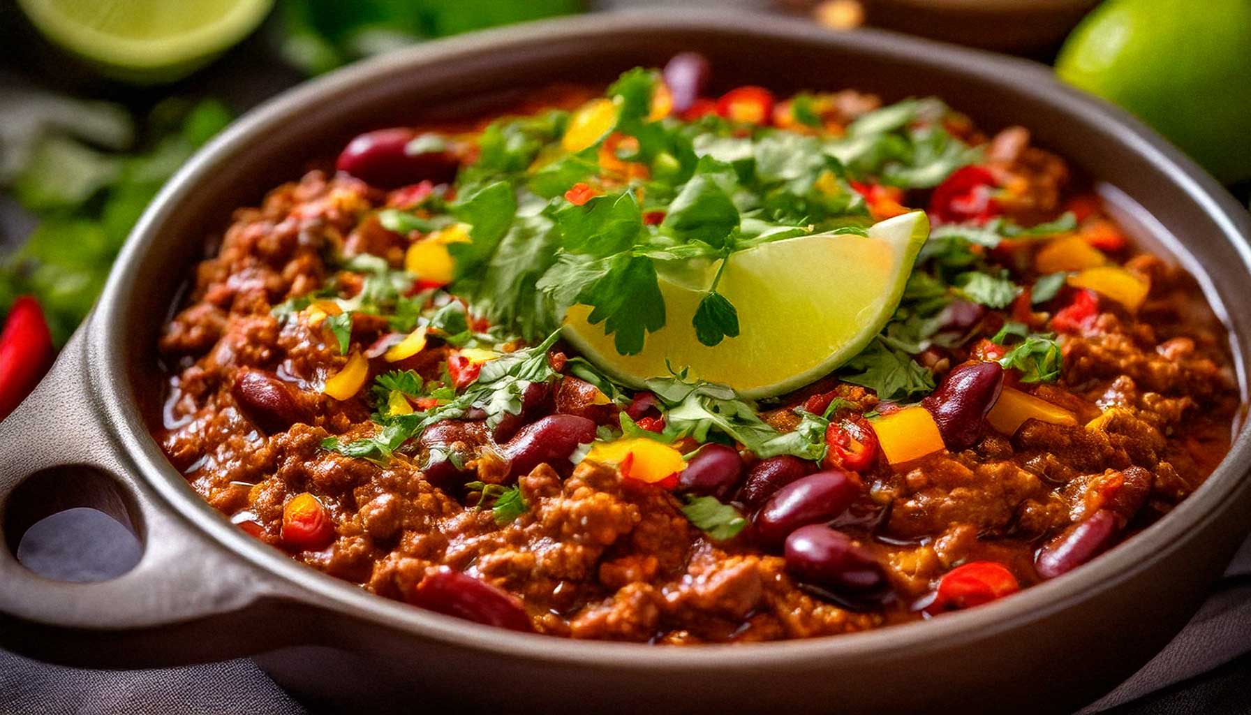 A vibrant wide shot of vegan chili topped with avocado, jalapeños, and green onions, served with cornbread and iced tea.