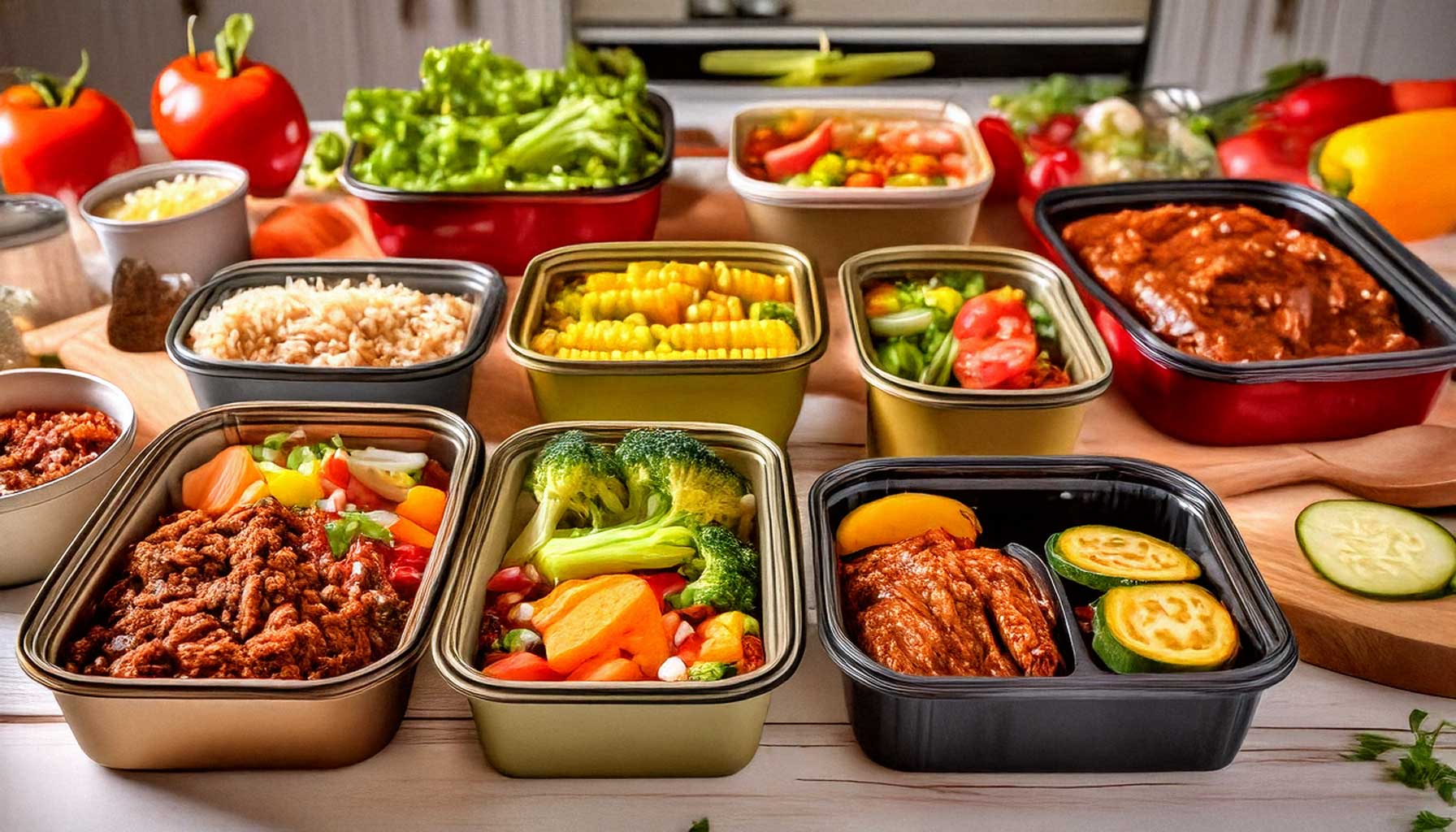 A collection of meal prep containers filled with slow-cooked dishes like stews, chili, and shredded chicken, neatly arranged on a wooden table in a bright kitchen.