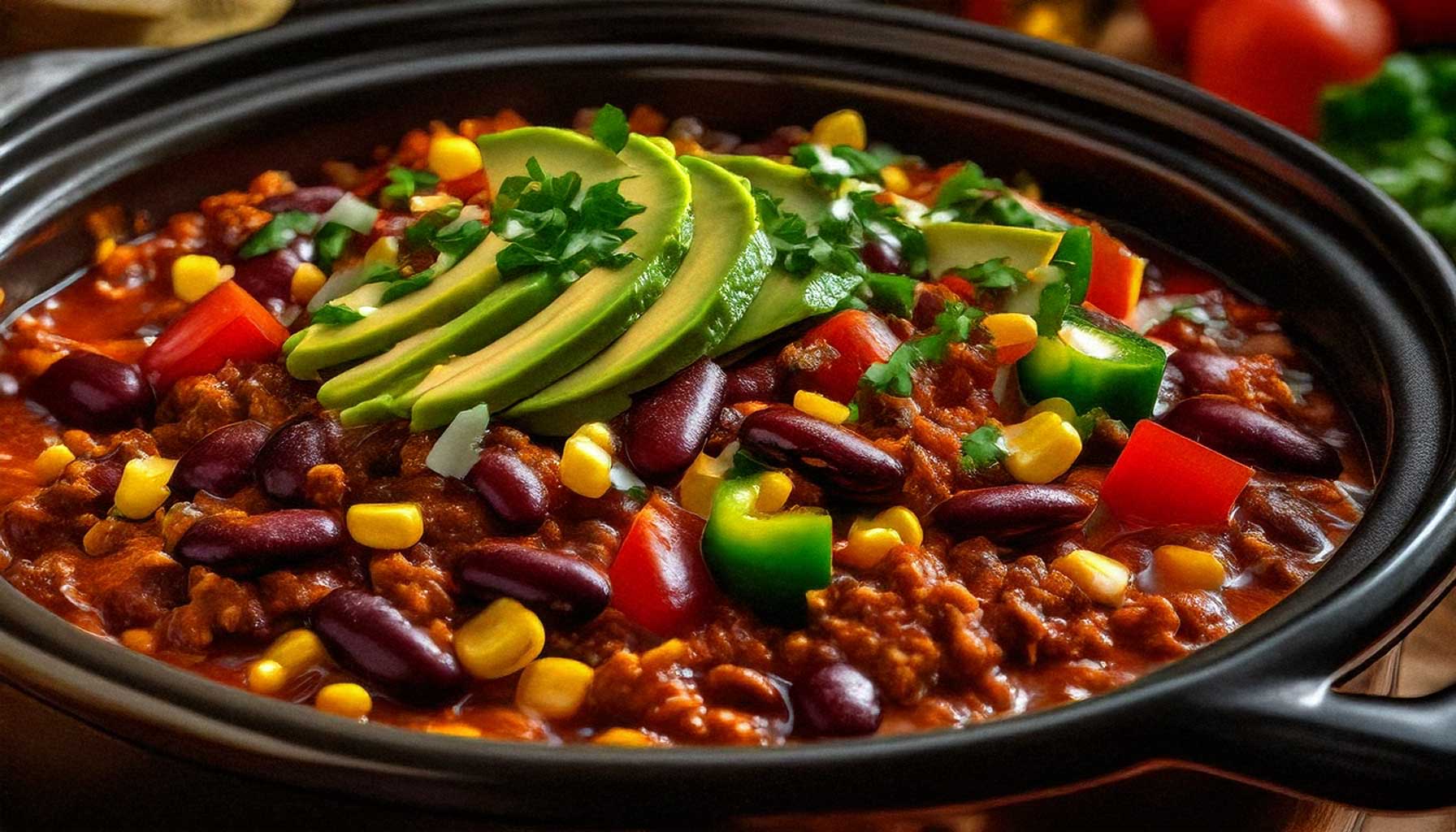 A vibrant vegetarian chili in a slow cooker, showcasing red beans, corn, tomatoes, and bell peppers, garnished with shredded cheese and fresh avocado slices.