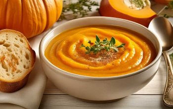 Bowl of soup with fresh seasonal vegetables like carrots and celery on a shabby chic white wooden table.