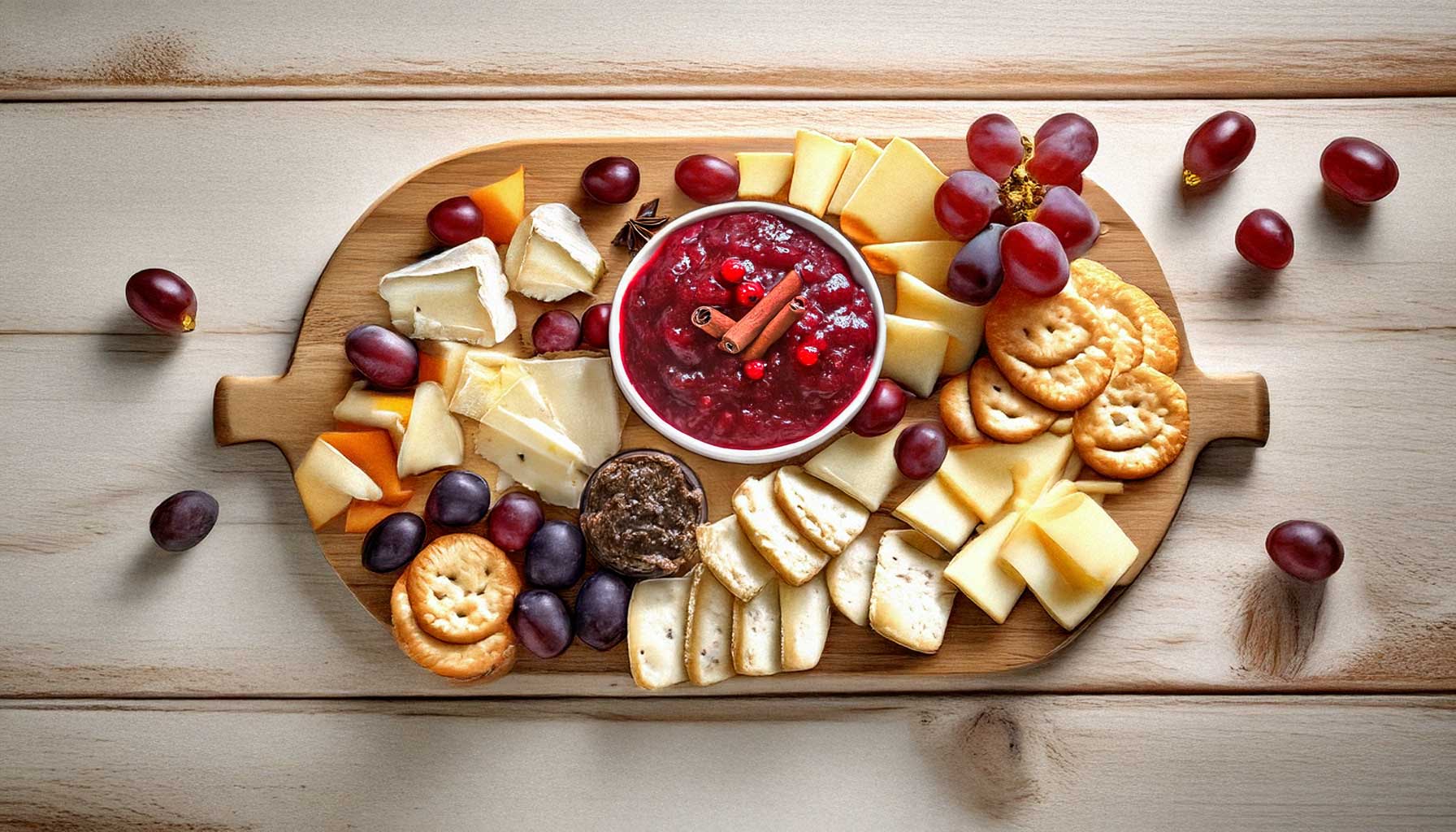 A cheese platter with cranberry sauce, crackers, Brie, and grapes on a rustic white wooden surface.