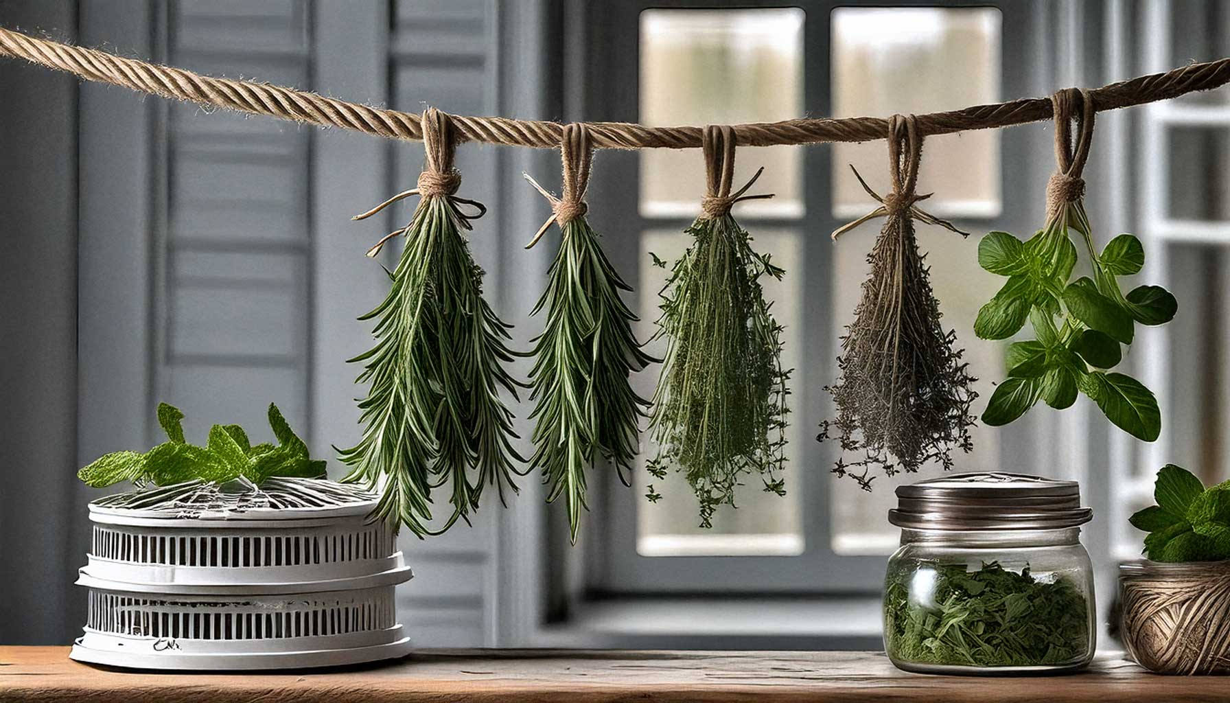 A detailed image of different herb drying methods including air-dried bundles hanging from twine and dehydrated herbs on trays.