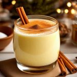 Glass of creamy eggnog on a rustic wooden table with cinnamon sticks and nutmeg