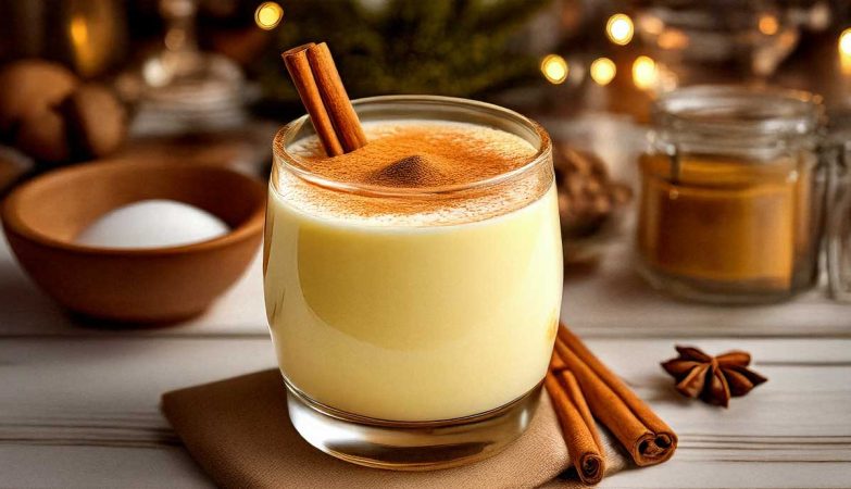 Glass of creamy eggnog on a rustic wooden table with cinnamon sticks and nutmeg