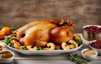 A perfectly roasted holiday turkey garnished with rosemary and orange slices on a shabby chic white table.