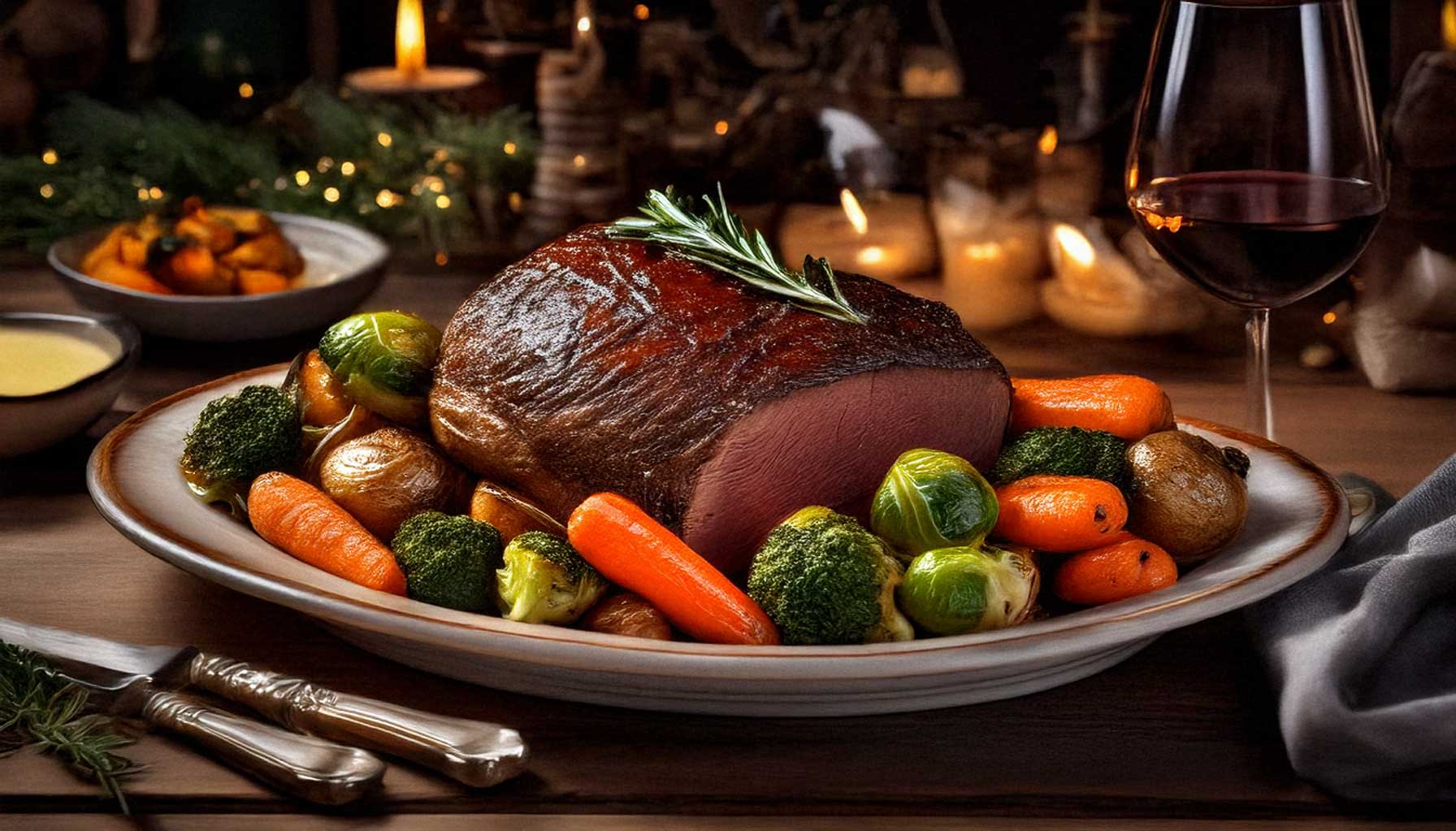 A festive roast served with side dishes like roasted vegetables and mashed potatoes on a shabby chic white wooden table.