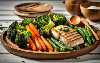 Steaming Vegetables and Fish on a Wooden Background