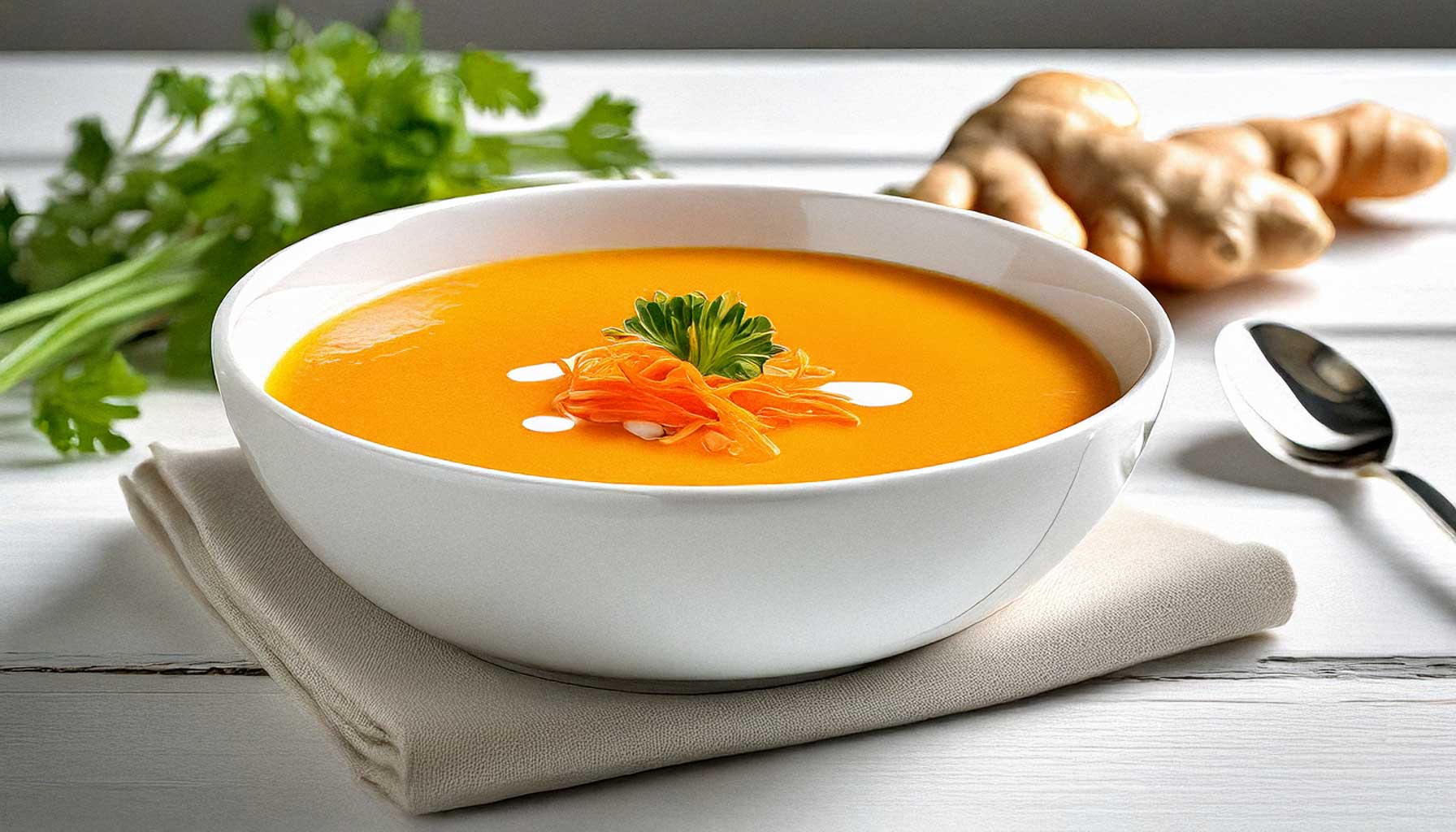 Vibrant carrot and ginger soup with an orange zest garnish on a white wooden table.