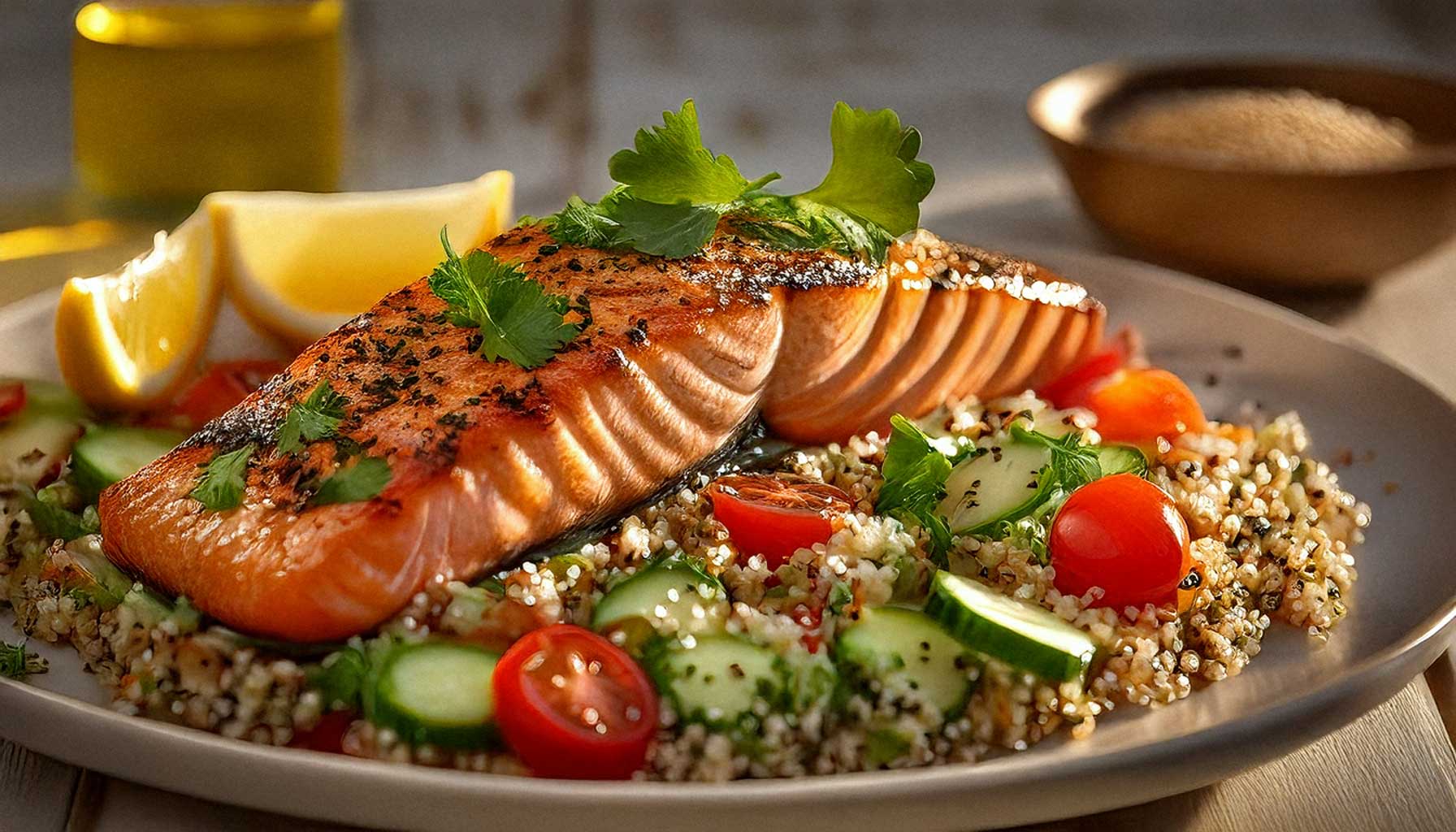 Grilled salmon fillet served on quinoa salad with cucumbers, cherry tomatoes, parsley, and lemon slices on a white shabby wooden table.