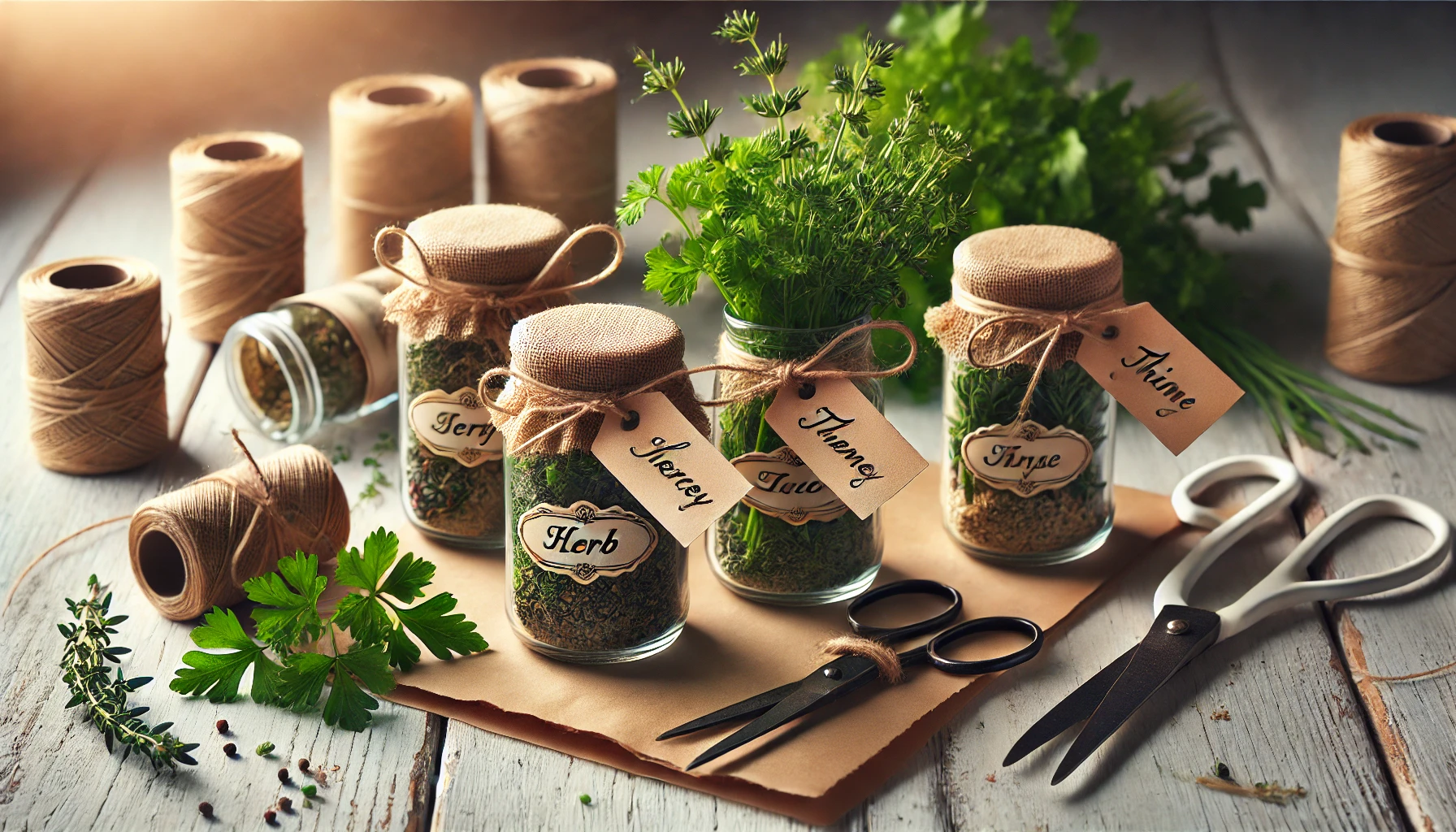 A charming setup of DIY herb gift jars decorated with twine and handwritten labels.