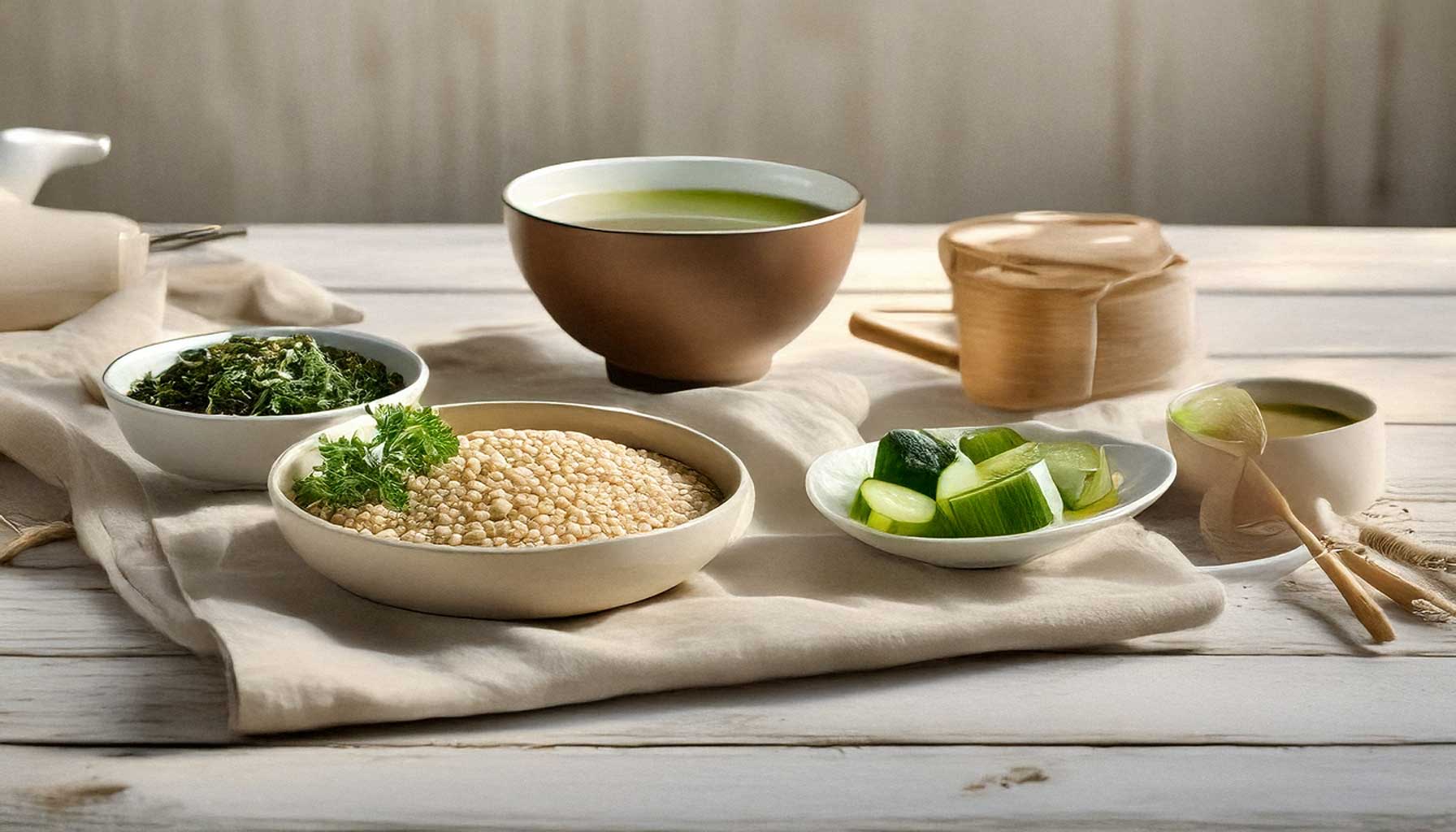 A peaceful dining table featuring a complete macrobiotic meal with miso soup, vegetables, grains, and green tea.