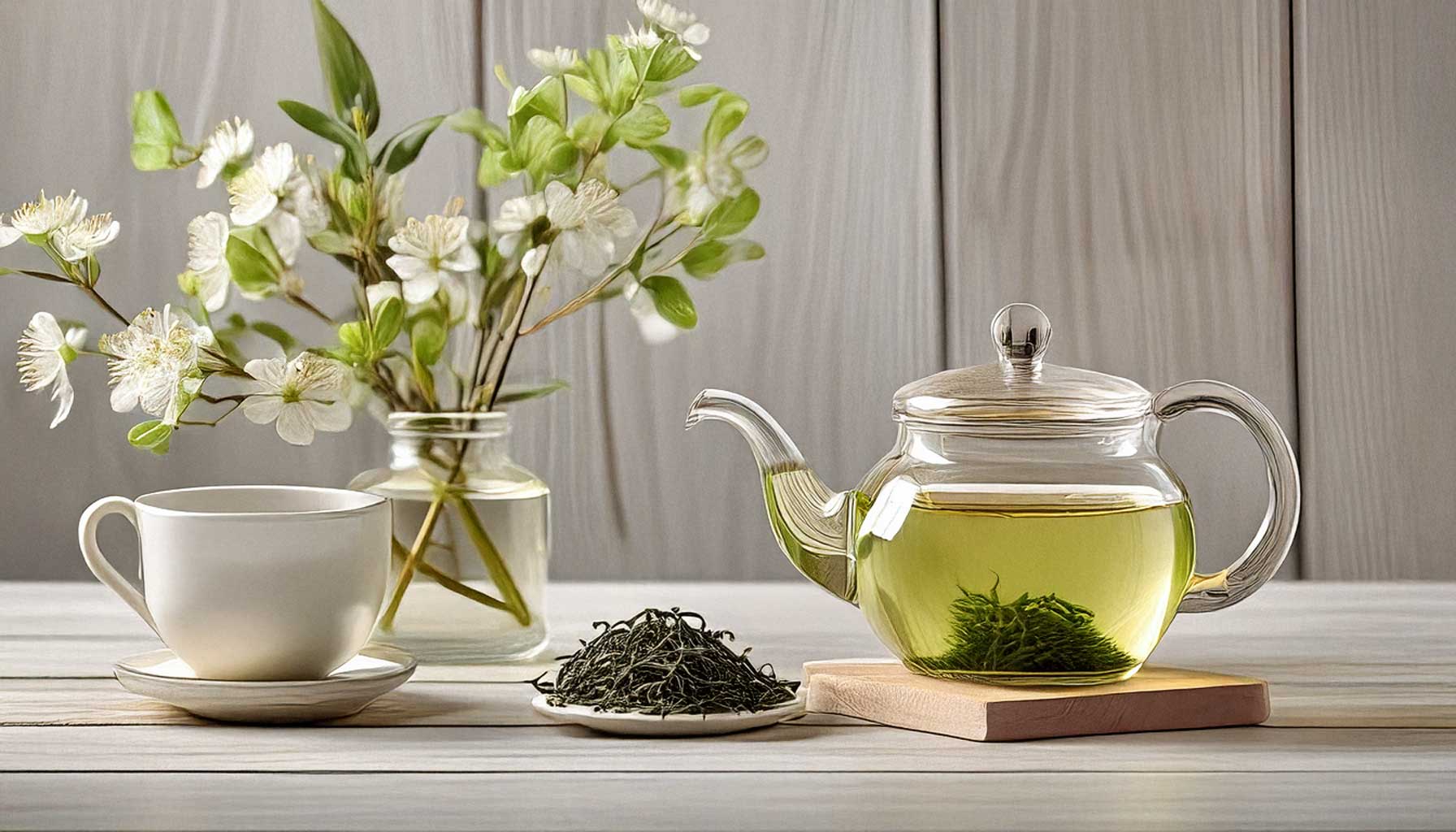 Glass teapot with green tea, seaweed snacks, and flowers on a shabby white wooden table.
Title: Refreshing macrobiotic hydration setup.