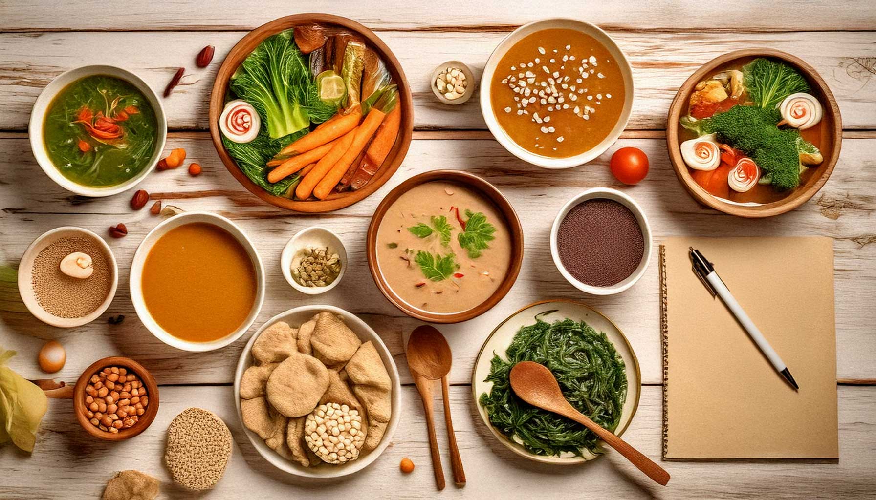 Organized macrobiotic meal plan with bowls of miso soup, steamed greens, barley stew, and seaweed snacks on a shabby wooden table.