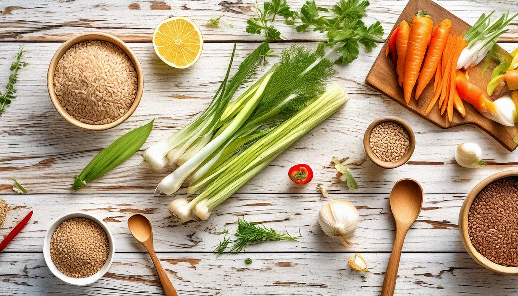 A creative macrobiotic cooking session with miso paste, vegetables, brown rice, and spices spread out on a shabby wooden table.