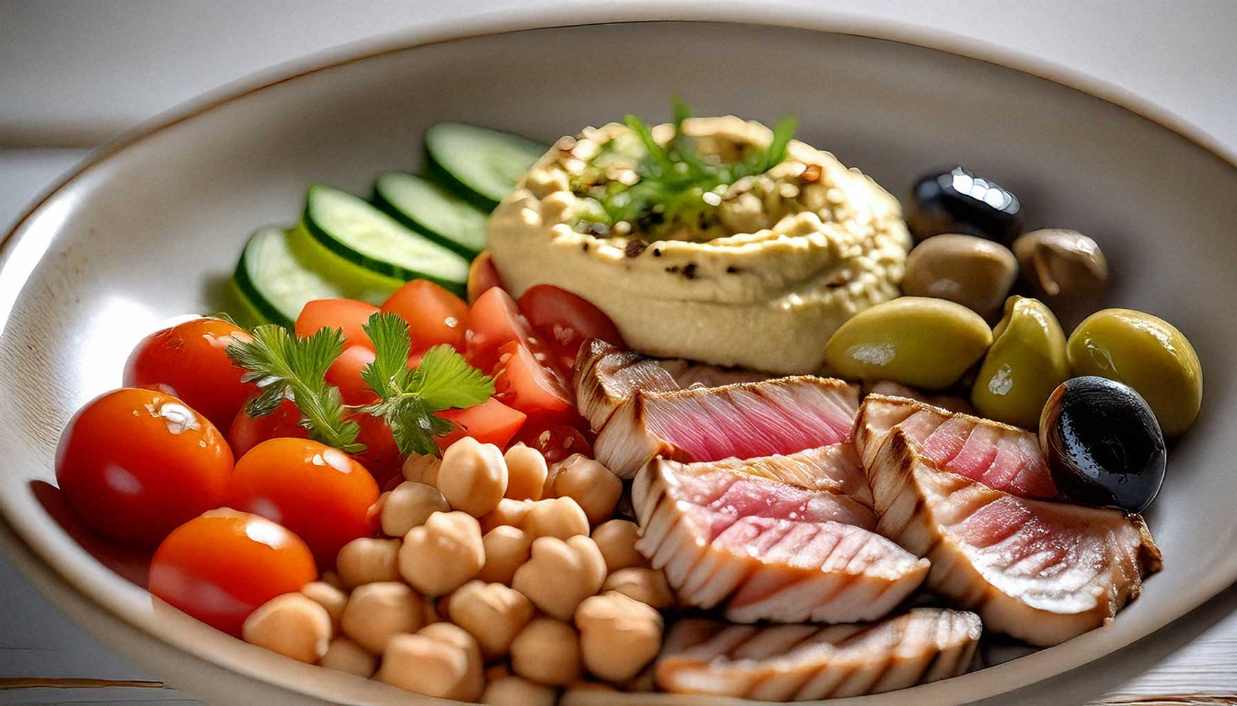 Mediterranean Buddha bowl with grilled tuna, roasted chickpeas, cucumbers, tomatoes, olives, and hummus on a white shabby wooden table.