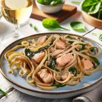 A creamy pasta dish with fresh spinach and tender salmon, garnished with herbs and served on a white wooden table. A glass of white wine adds a touch of elegance in the background.