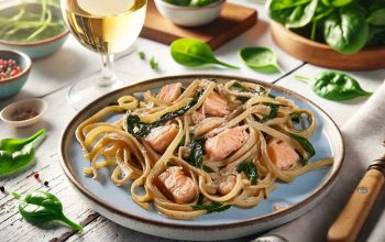 A creamy pasta dish with fresh spinach and tender salmon, garnished with herbs and served on a white wooden table. A glass of white wine adds a touch of elegance in the background.