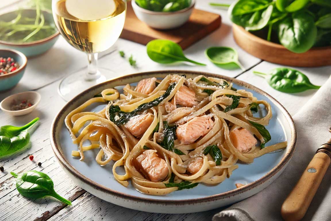 Delicious Pasta with Fresh Spinach and Tender Salmon