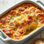 Freshly baked potato gratin with parmesan served on a white wooden table