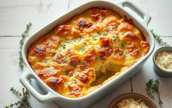 Freshly baked potato gratin with parmesan served on a white wooden table