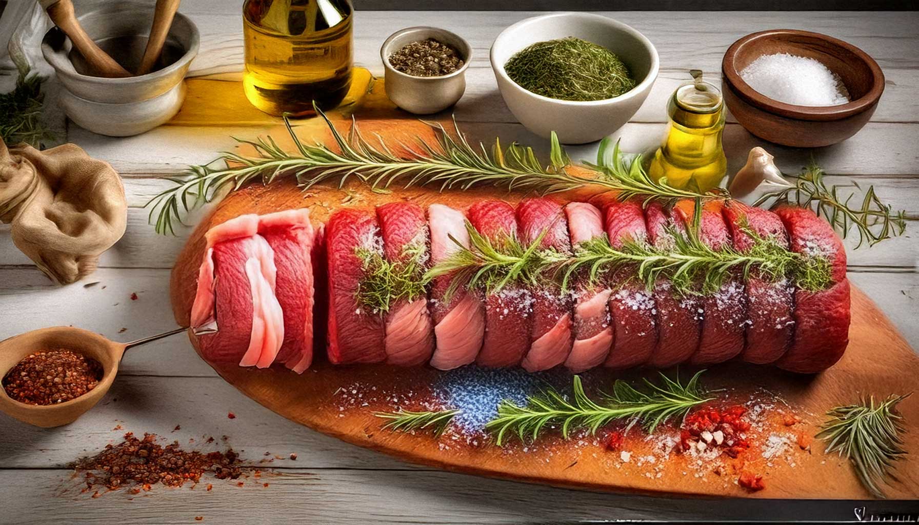 The process of seasoning and preparing a festive roast, with spices, fresh herbs, and a raw roast on a wooden surface.