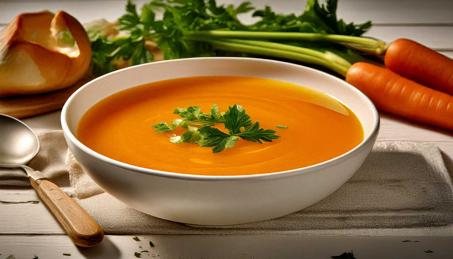 Close-up of a creamy pumpkin and sweet potato soup garnished with nutmeg and fresh herbs.