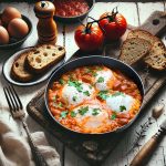 Shakshuka served in a cast iron skillet with fresh herbs and bread on a rustic table