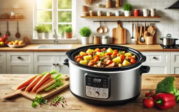 A sleek modern slow cooker filled with a colorful stew, featuring chunks of meat, carrots, and potatoes, placed on a bright kitchen countertop with potted herbs in the background."