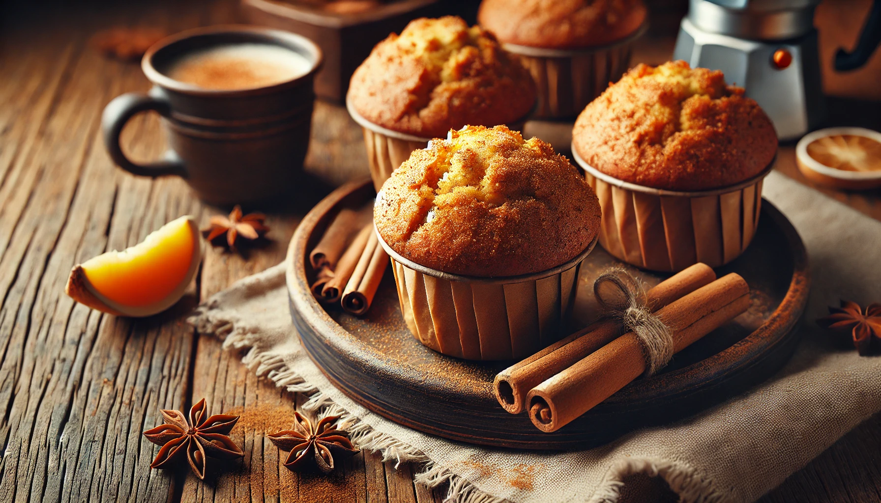 A batch of spiced muffins made with grated parsnips, served on a rustic tray with a dusting of cinnamon.